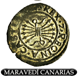 Maravedí canaria, según diseño estipulado en la licencia de 1513, acuñada en la ceca de Sevilla. Tipo IIA Maravedí de Canarias, según diseño estipulado en la licencia de 1513, labrada en la ceca de Sevilla. Tipo IIA