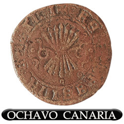 Ochavo -dos maravedís- de Canarias, con el diseño establecido en 1513, según licencia de 1579, ceca de Sevilla Ochavo -dos maravedís- de Canarias, con el diseño establecido en 1513, según licencia de 1579, acuñado en la ceca de Sevilla