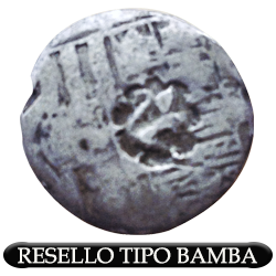 Resello sobre moneda bamba, león a derecha